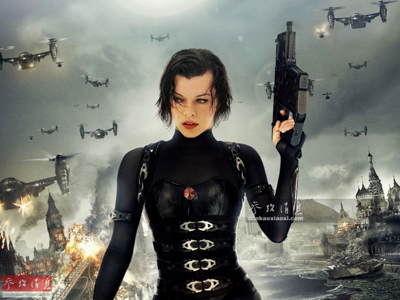 电影《生化危机5》宣传海报，女主爱丽丝手持一把Vector冲锋枪。