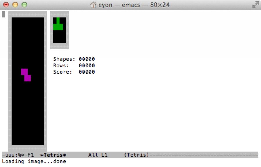 在Mac中打开终端（Terminal），输入“emacs”按回车运行，然后快速按“esc+x”，接着再输入“tetris”按回车，终端窗口就会出现一个可玩的俄罗斯方块游戏。同样的操作也能够调出贪吃蛇游戏，只不过最后输入的命令需要换成“snake”即可。 