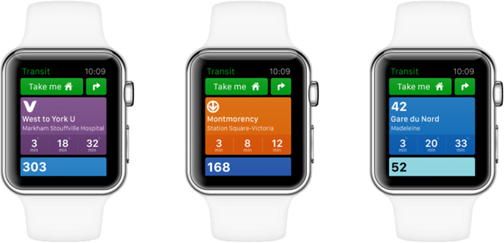 苹果的地图应用不提供公共交通方向信息，一些好的第三方应用填补了这个缺口。打开Transit的Apple Watch应用，用户可按下应用中的按钮来获知到家或办公室的方向信息。按下另外一个按钮，用户可以看到近期通过iPhone导航去的地方。此外，应用还会显示离用户最近的公共交通站点，包括地铁、汽车和火车。Transit的优势在于,其将和通勤有关的所有信息都显示一块屏幕上。如果想知道更多，如某个地铁站的位置，只需触摸屏幕调出地图。