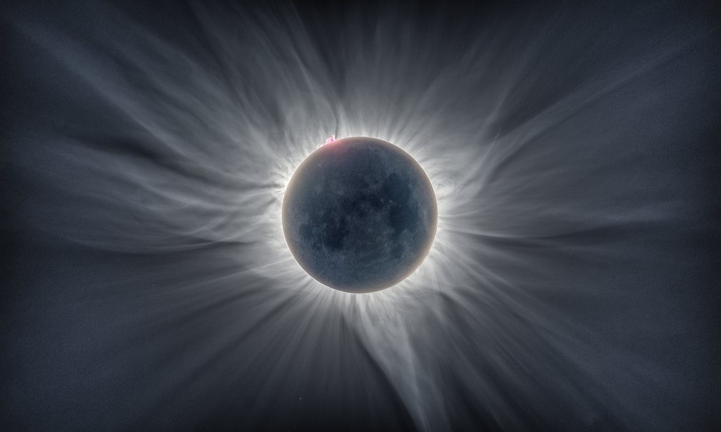 制成这张合成图的12张照片摄于印尼2016年3月9日的日全食期间。我们可以清楚地欣赏到如同花瓣一般伸展的日冕结构。（来源：网易科技）