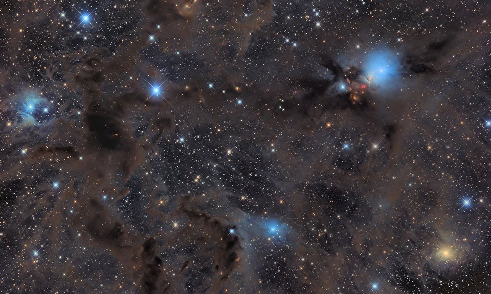 英仙座分子云。这张图片展现了白羊座和英仙座星座边缘大量有趣的深空天体。其中最著名的当属右上角闪耀着蓝光的反射星云NGC1333。它被巴纳德暗星云B205所包围。这片区域中我们还能看到小规模的发射星云（图中呈现为红色）。（来源：网易科技）