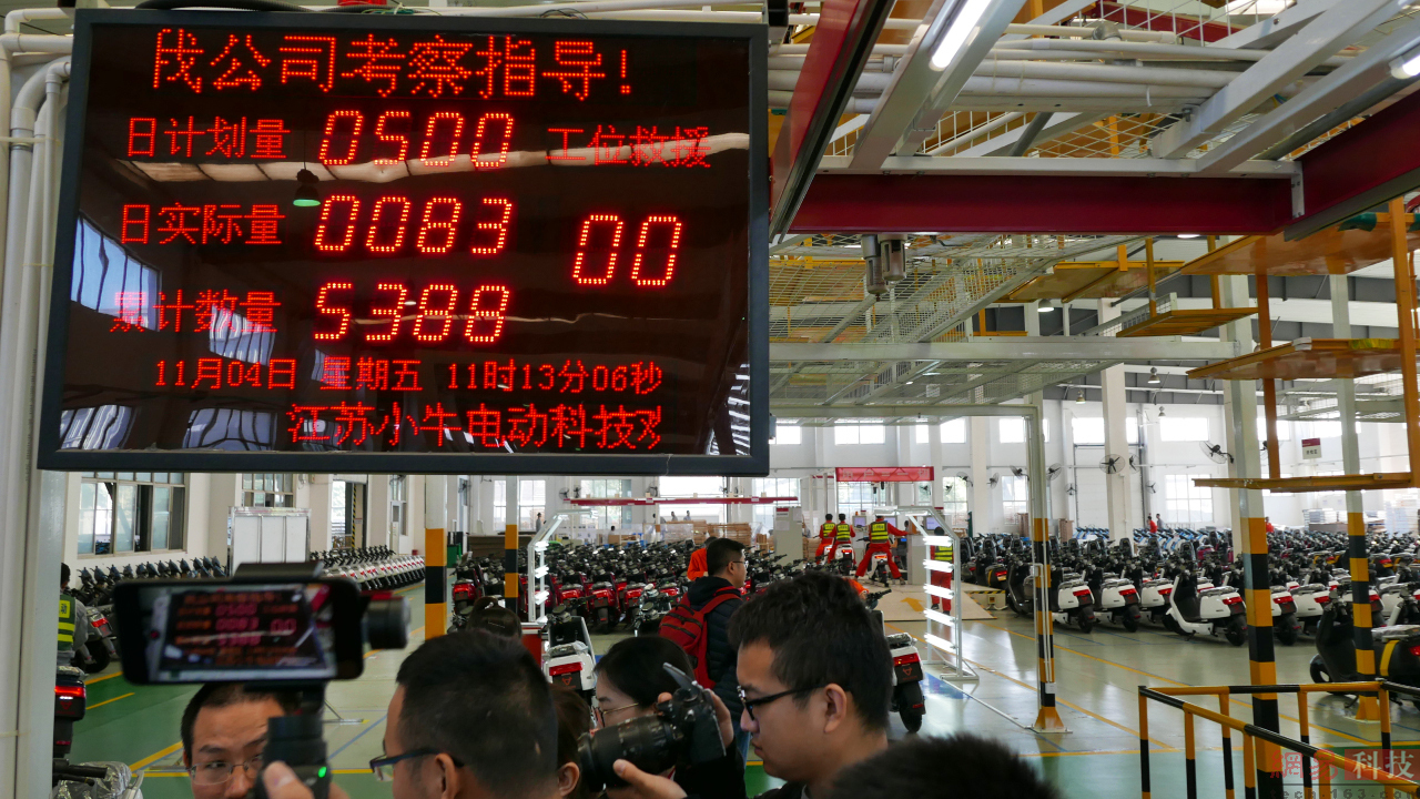 小牛电动车工厂每条生产线日程产约500辆电动车。我们抵达工厂时为上午11点多，计数板上显示该生产线已生产83辆小牛电动车。（来源：网易科技）