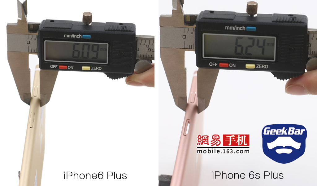 通过测量可以看到，iPhone6 Plus的外壳净厚度为6.09mm，而iPhone6 Plus的外壳净厚度为6.24mm，也就是说iPhone6s Plus变厚了一点点。