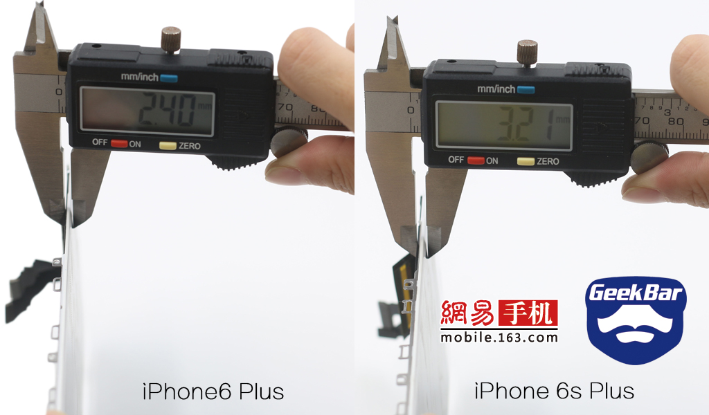 通过测量可以看到，6 Plus的屏幕总成厚度为2.4mm，而6s Plus的屏幕总成厚度为3.21mm。