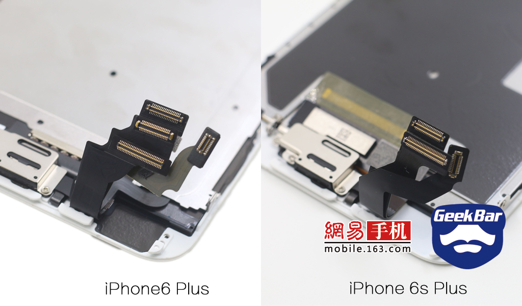 可以看到，6 Plus的屏幕触摸排线和显示排线是分开的，而6s Plus则将压感、显示、触摸集成在了一根排线上，这么做自然更方便用户拆换屏幕总成。