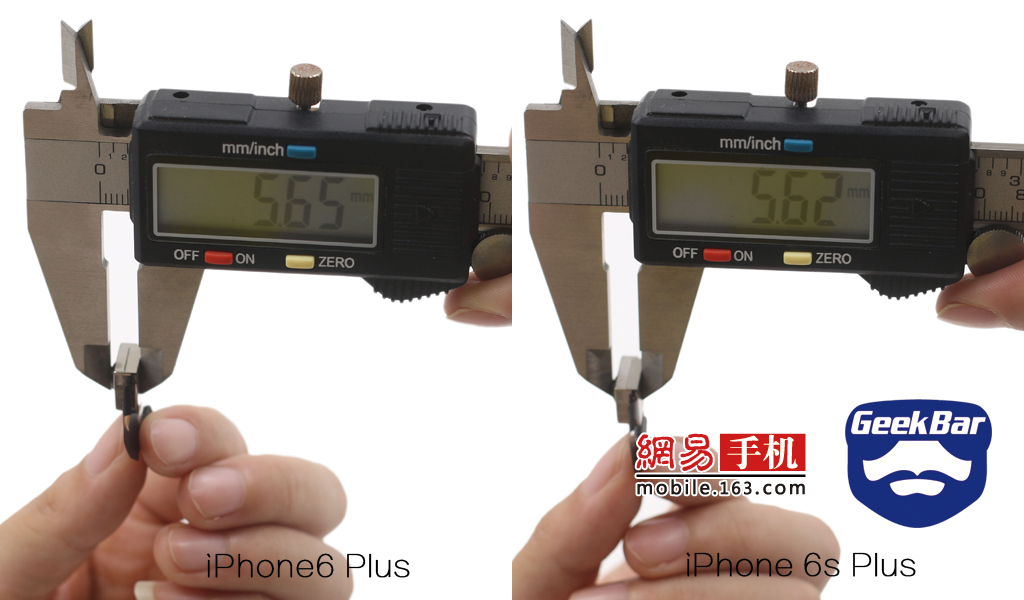 通过测量可以看到，6 Plus的摄像头厚度为5.65mm，而6s Plus的厚度为5.62mm。