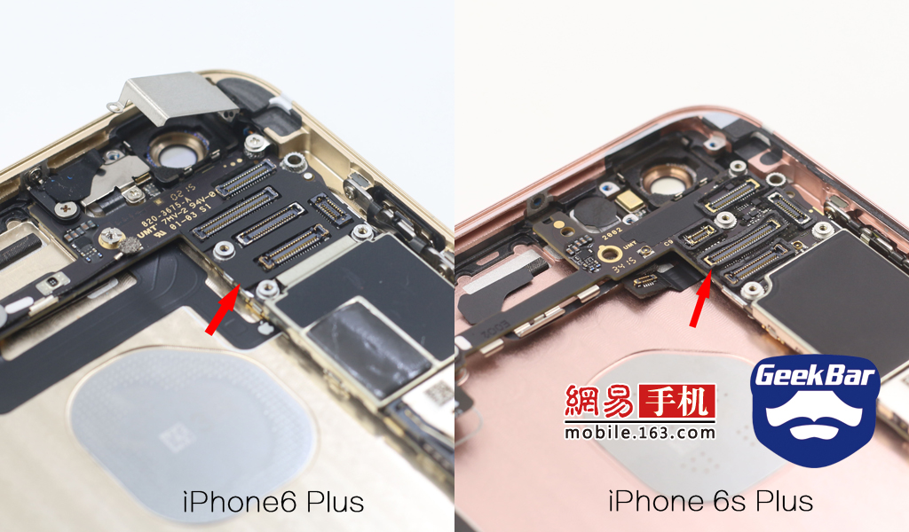 仔细观察可以发现，6 Plus的排线座子仅有一层贴纸，而6s Plus则有较厚的双面胶圈可以防尘防腐蚀。