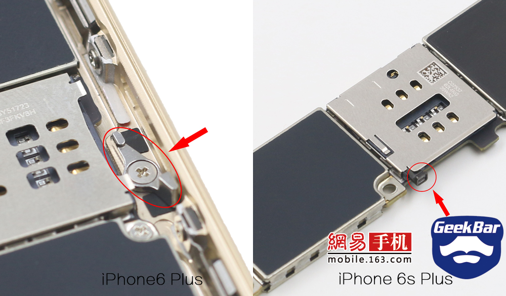 6 Plus设置在机身外壳上，而6s Plus则被设置在主板卡槽上。