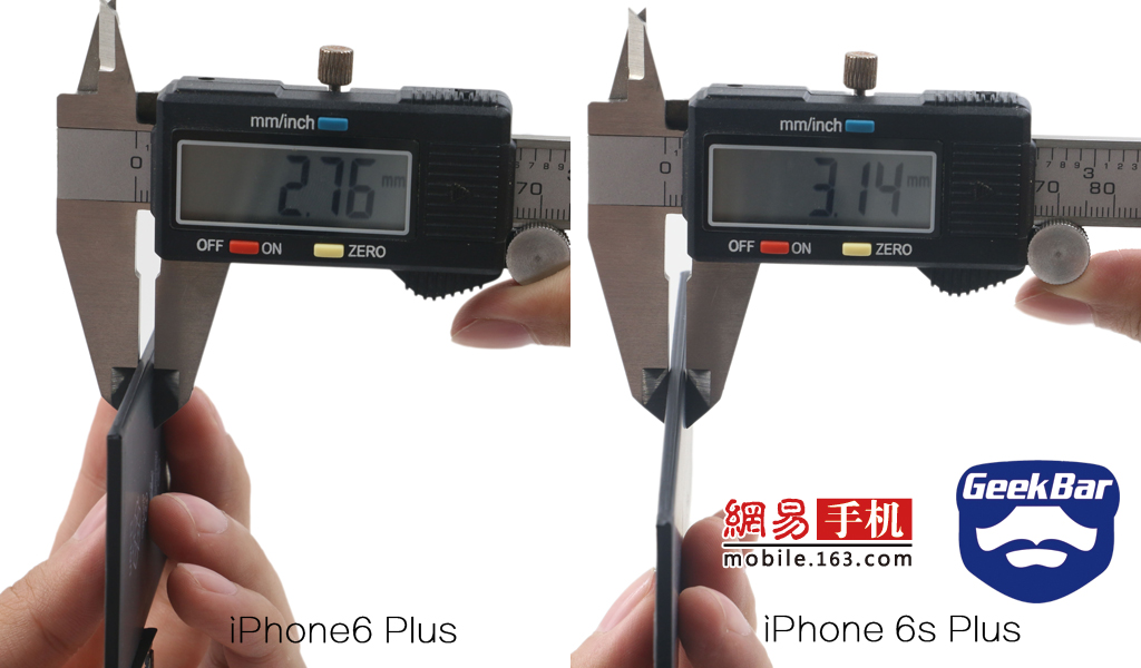 首先测量后得知，6 Plus的电池厚度为2.76mm，而6s Plus的厚度为3.14mm。