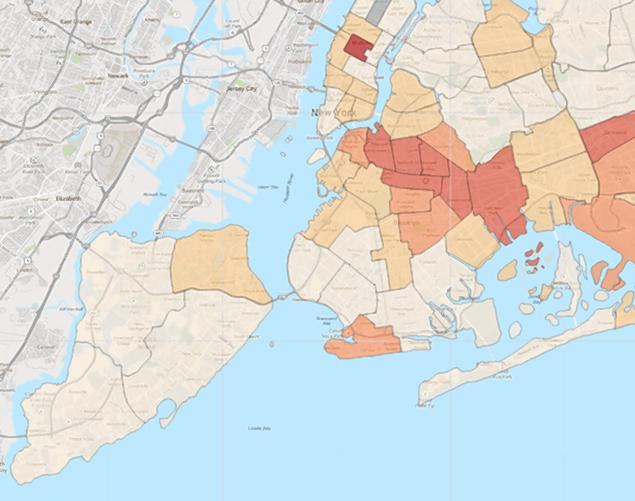 图中颜色越深的地区，则犯罪率（每千人）越高。 据纽约邮报报道，警察局长Ray Kelly在一份声明中说，“相比以往，纽约目前十分安全，今年的谋杀率处于历史最低水平。政府依靠数据来打击犯罪行为，这张地图可以帮助纽约人和研究者了解纽约各个地区的犯罪情况。”