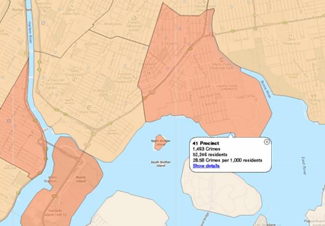 平均每千人就有26%的犯罪率，布朗士区41辖区已成为纽约市最危险的地区。 皇后区法拉盛的治安较为良好，每千人的犯罪率为7.2%。然而曼哈顿华埠的犯罪率较高，达15%。