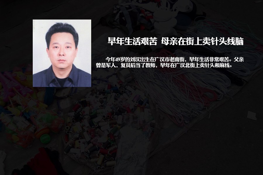 今年49岁的刘汉出生在广汉市老南街，早年生活非常艰苦。刘汉的父亲刘章科抗美援朝时参加了志愿军空军，在后勤部队。后来复员到了广汉，分配到广汉郊区的新丰中学做物理老师。刘汉的母亲叫李万珍，人称李娘，早年在广汉北街上卖针头和麻线。