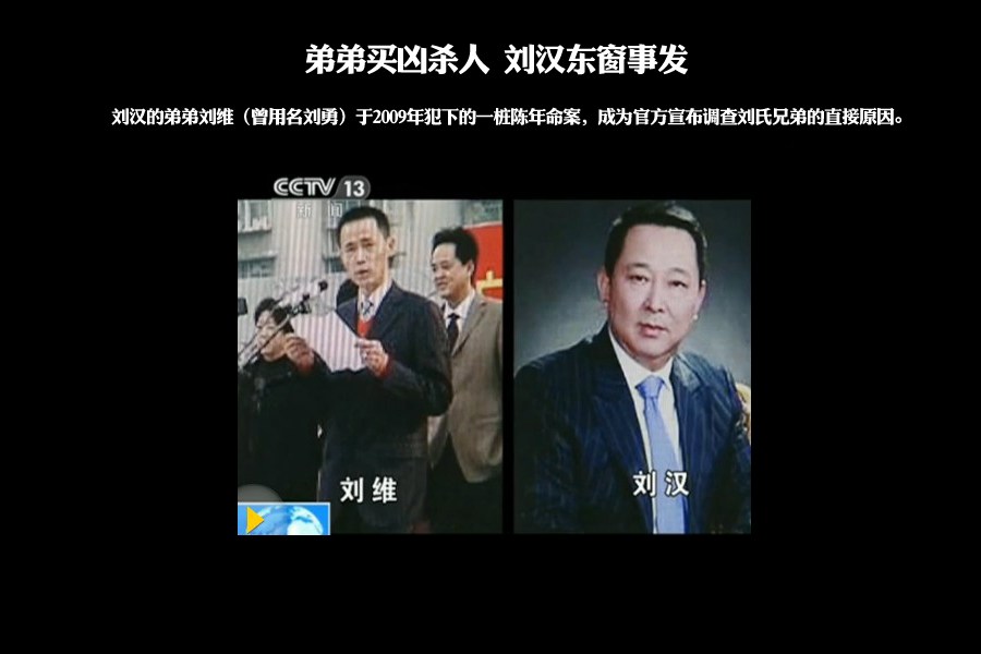 2009年1月10日，广汉市北海路鸭子河堤800米长的露天茶铺里，坐满了喝茶、打牌的客人，突然出现几声枪响，店内几个喝茶的客人滑落在地，一个手持长枪的年轻人钻进了一辆面包车，消失在路上。被枪击的几名死者即广汉黑帮陈富伟等人，而他的死对头就是刘汉的弟弟刘维。此后，刘勇被列为公安部A级通缉犯，直到2013年3月被抓获，进而牵出其兄刘汉。