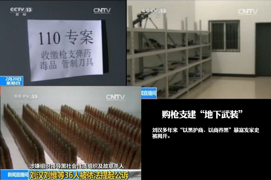 专案组调查显示，早在1997年，刘汉在绵阳成立汉龙集团后，安排孙某以设立保安部为名招募一批人，建成一支打手队伍；授意刘维购置大量枪支弹药建成一支“地下武装”。刘汉多年来“以黑护商、以商养黑”暴富发家史被揭开。