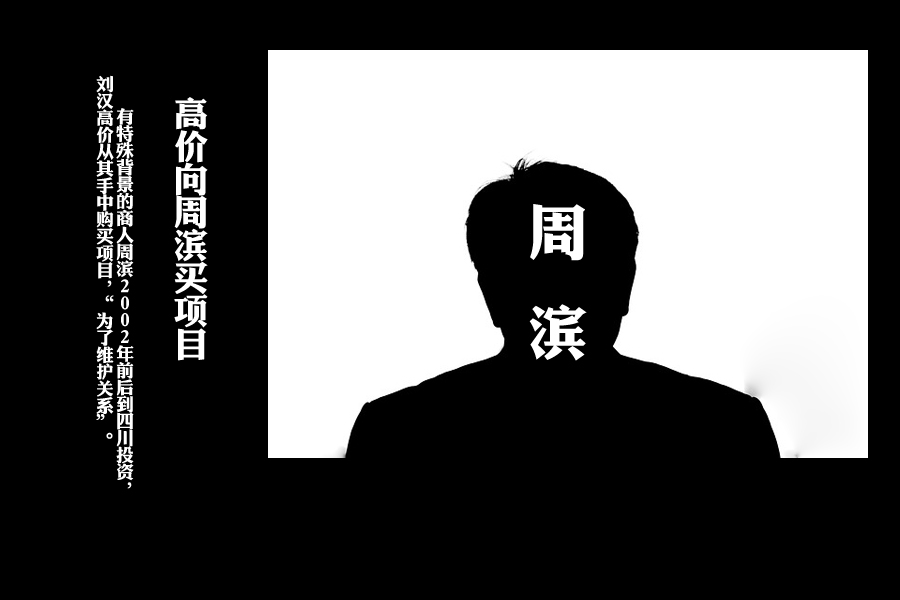 2001年，刘汉遇到“贵人”，得其帮助。当年，刘汉被列为公安机关查处名单，其花巨资攀附上某位领导，将他从查处名单上撤除。另一名与刘汉接近的匿名人士称，有特殊背景的商人周滨2002年前后到四川投资，刘汉高价从其手中购买项目，“为了维护关系”。