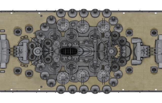 图为日本海军大和号舰艇中部的炮位布置图，在舰岛的周围，密密麻麻地布置了许多96式25毫米机关炮。最多的时候，仅这种机关炮，大和号就安装了162门，简直是个火力刺猬。
