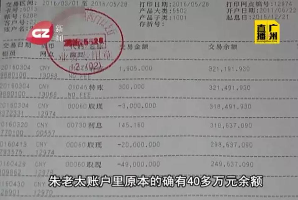 于是，罗阳便赶到银行查账，“打完对账单之后，我都不敢相信，银行流水单显示朱老太账户里原本的确有40多万余额，但自从今年4月份开始，便有人将钱一笔一笔取出，最终朱老太名下的两个账户，一个只剩下37元，另一个余额仅剩个位数。”（来源：直播广州）